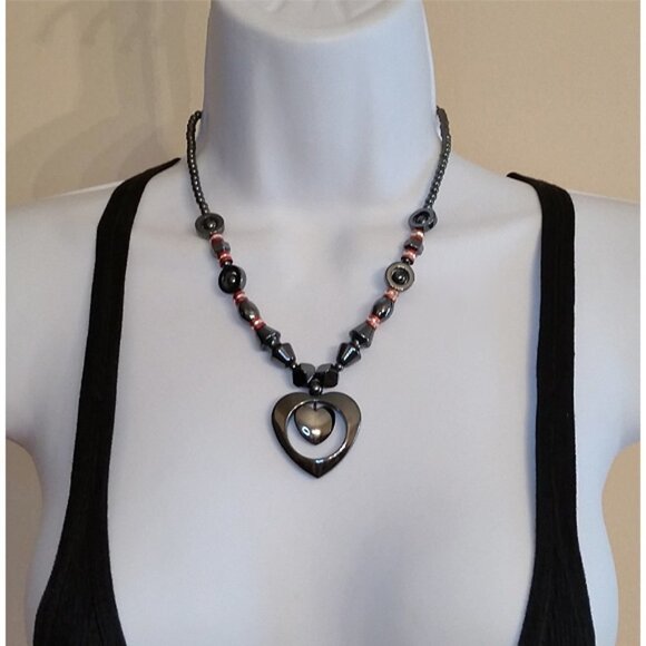 Hematite stone jewelry set heart necklace and earrings romantic open heart. - Picture 2 of 8